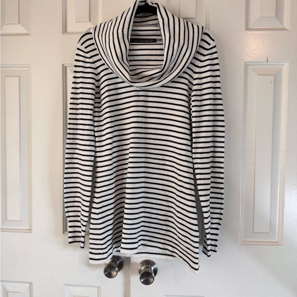 French Connection Black and White Striped Cowl Neck Sweater Size Medium